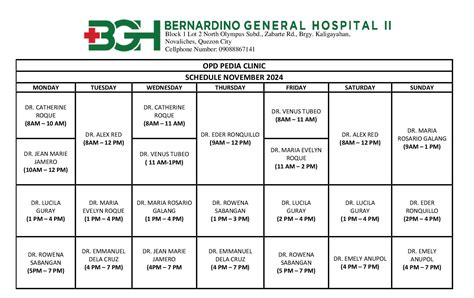 bernardino general hospital doctors schedule 2024|Bernardino General Hospital II, Zabarte Road, QC.